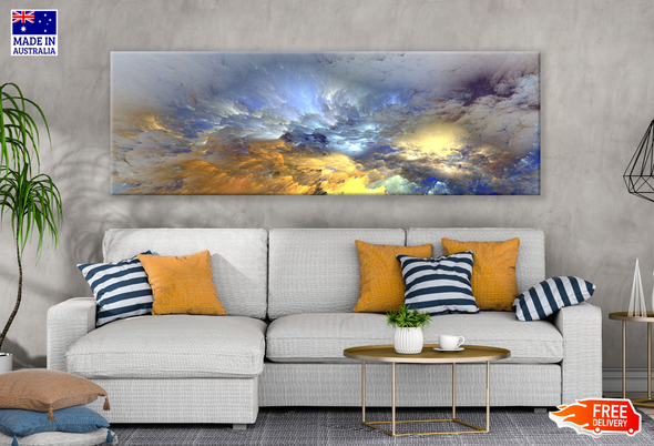 Panoramic Canvas Yellow Blue & Grey Abstract Design High Quality 100% Australian made wall Canvas Print ready to hang