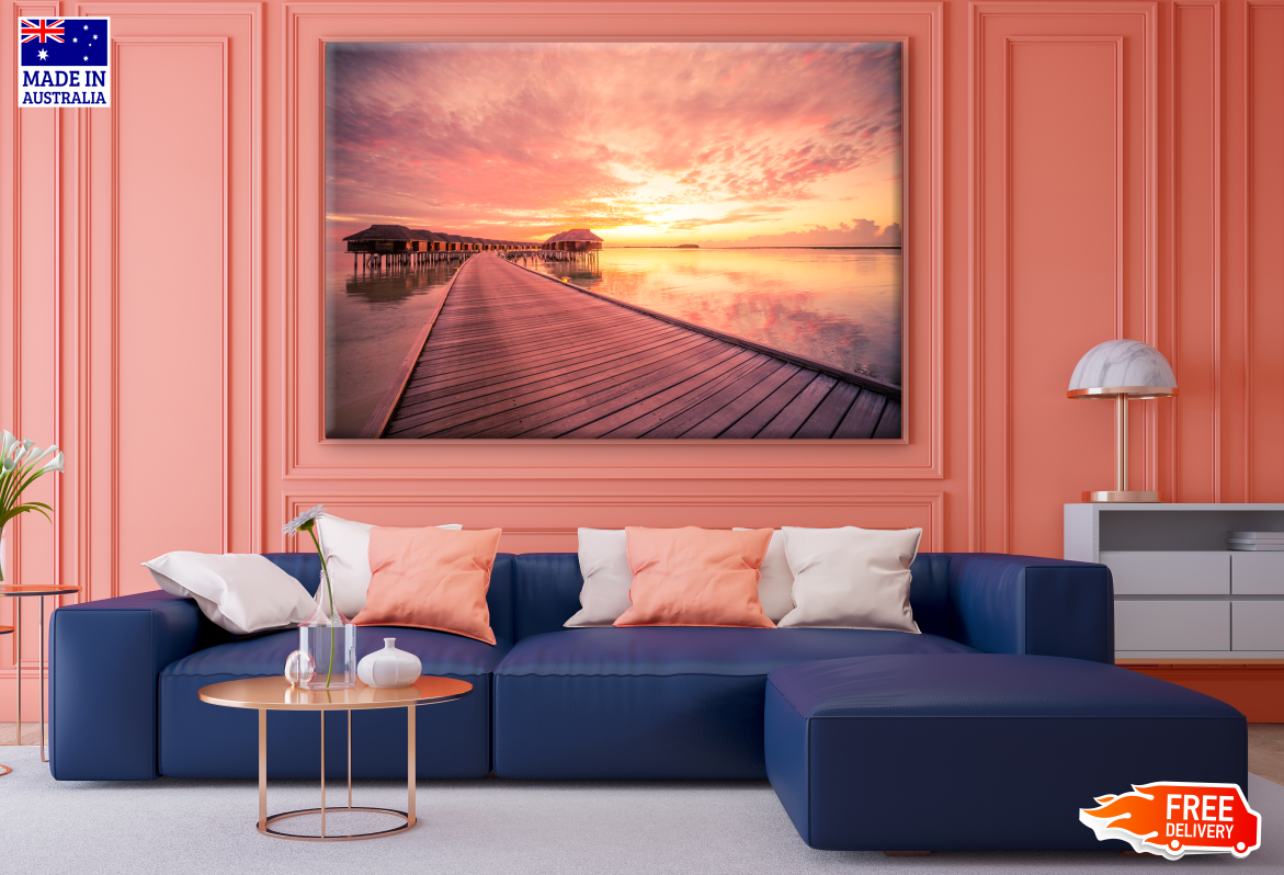 Resort on Wooden Pier Over Beautiful Sea Sunset Photograph Print 100% Australian Made