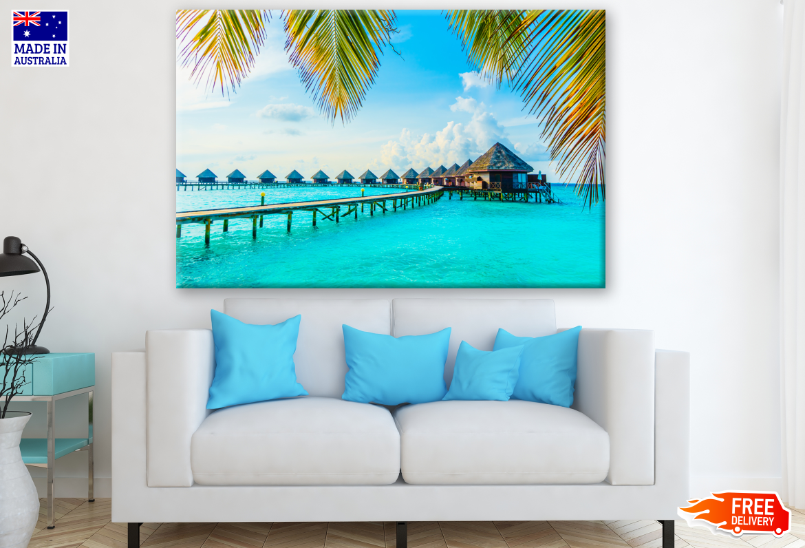 Beautiful Resort On Pier Over Tropical Beach Photograph Print 100% Australian Made