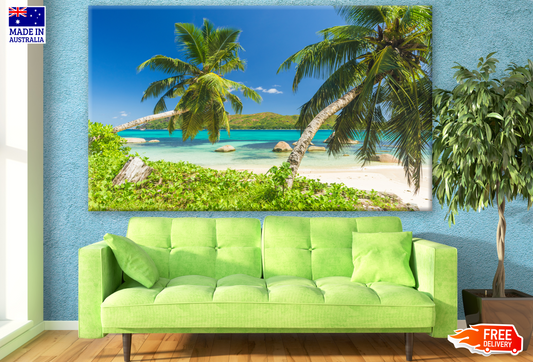 Beautiful Beach View Under Coconut Palm Trees Photograph Print 100% Australian Made