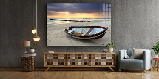 Boat near Sunset Beach Print Tempered Glass Wall Art 100% Made in Australia Ready to Hang