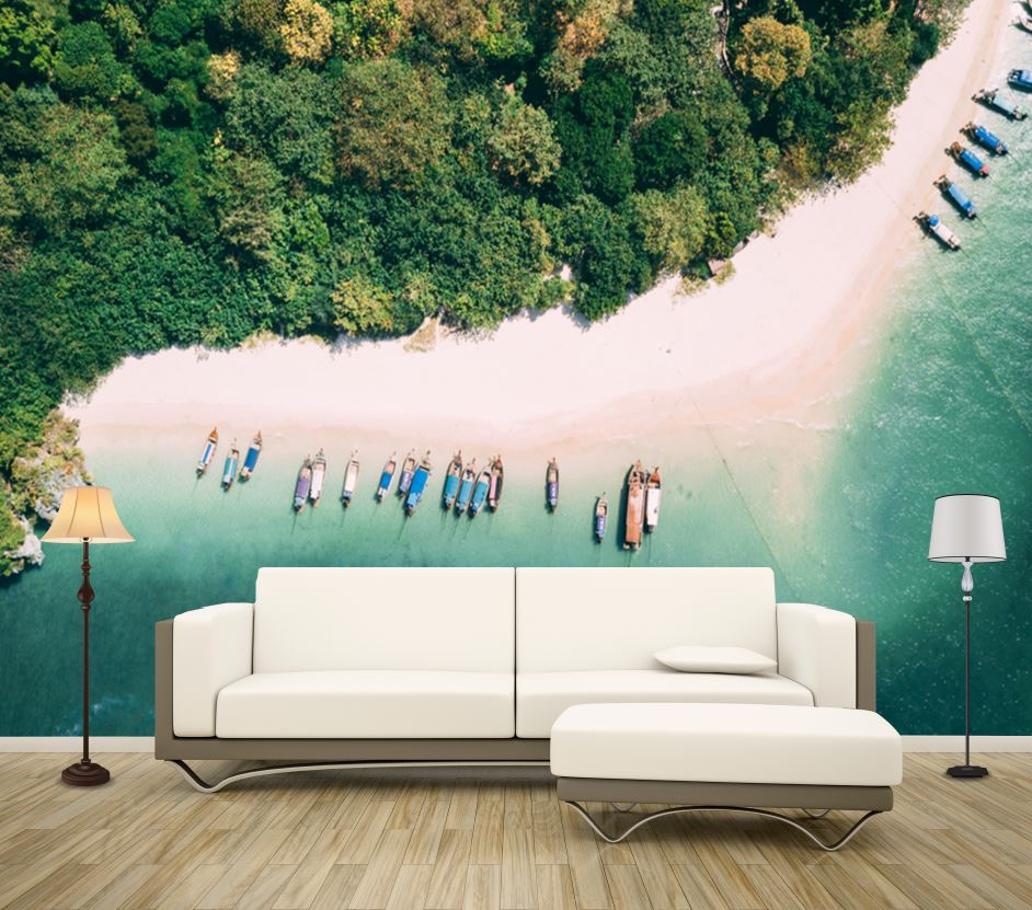 Wallpaper Murals Peel and Stick Removable Boats on Beach Aerial View Photograph High Quality