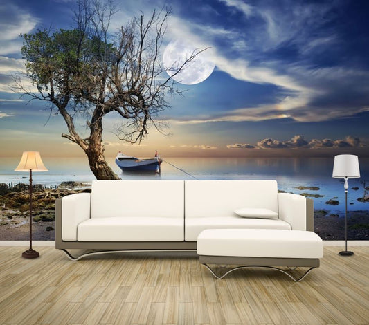 Wallpaper Murals Peel and Stick Removable Stunning Beach, Boat & Tree High Quality