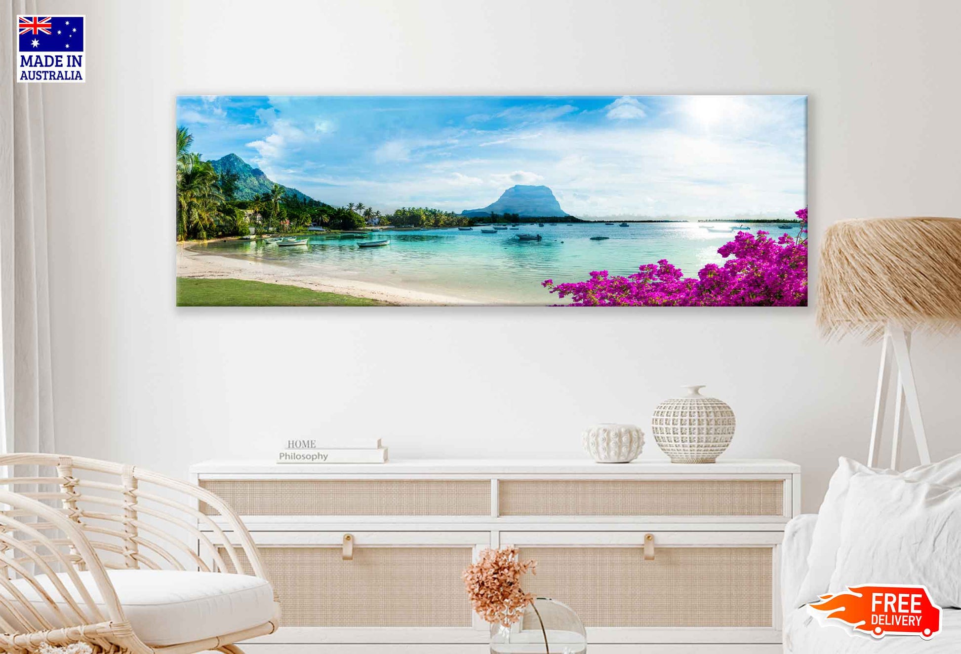 Panoramic Canvas Boats on Sea & Blue Sky View Photograph High Quality 100% Australian Made Wall Canvas Print Ready to Hang