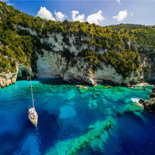 Square Canvas Boat on Antipaxos Island Aerial View Photograph High Quality Print 100% Australian Made