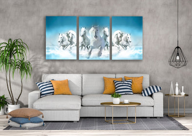 3 Set of White Running Horses Photograph High Quality Print 100% Australian Made Wall Canvas Ready to Hang