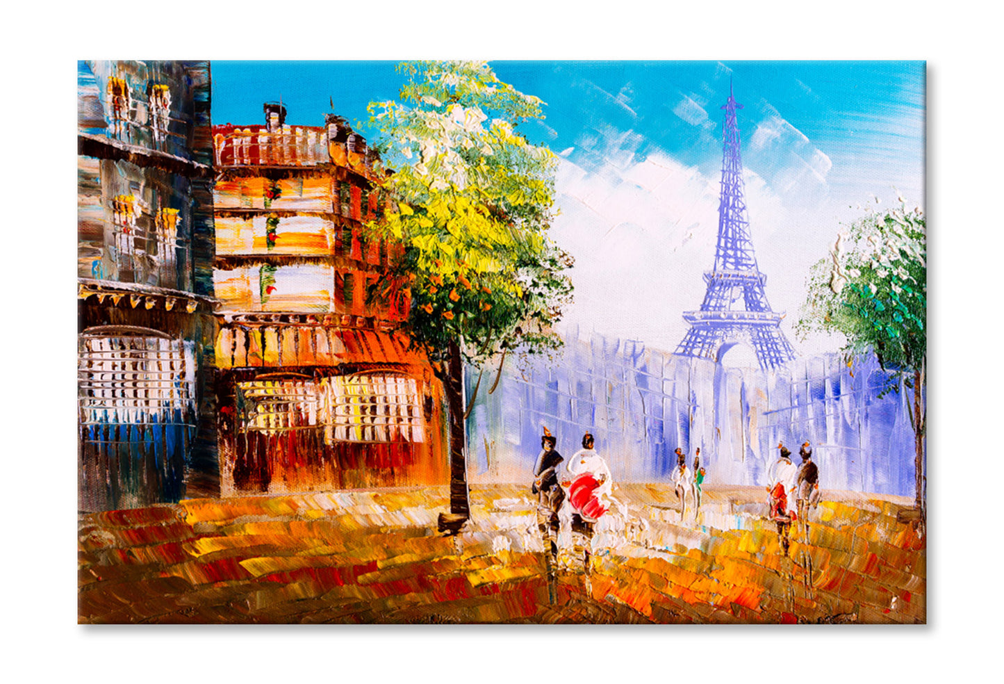 Trees in Street of Paris with People Oil Painting Wall Art Limited Edition High Quality Print Stretched Canvas None