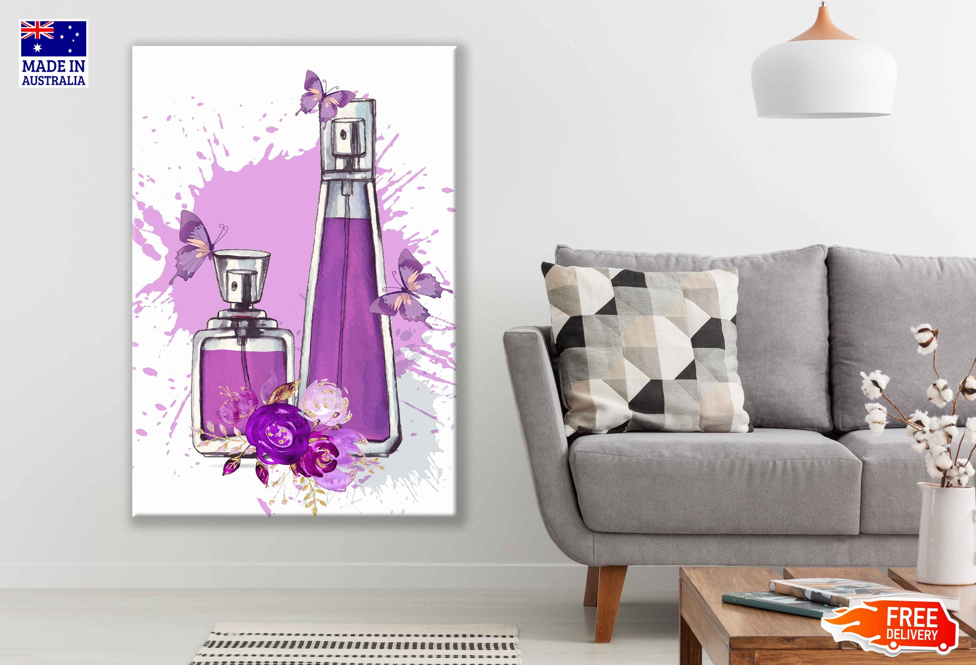 Purple Perfume Bottles, Flowers & Butterflies Watercolor Painting Print 100% Australian Made