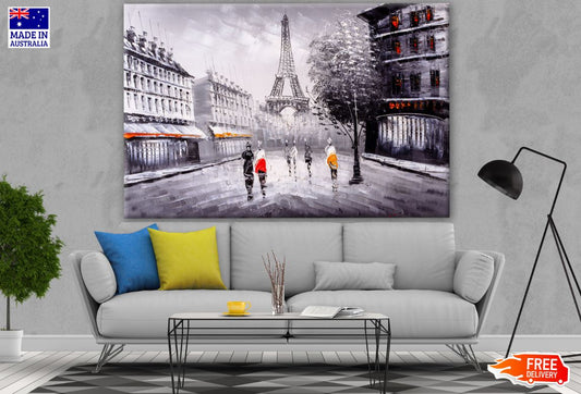 People on Streets in Paris Eiffel Tower Painting Print 100% Australian Made