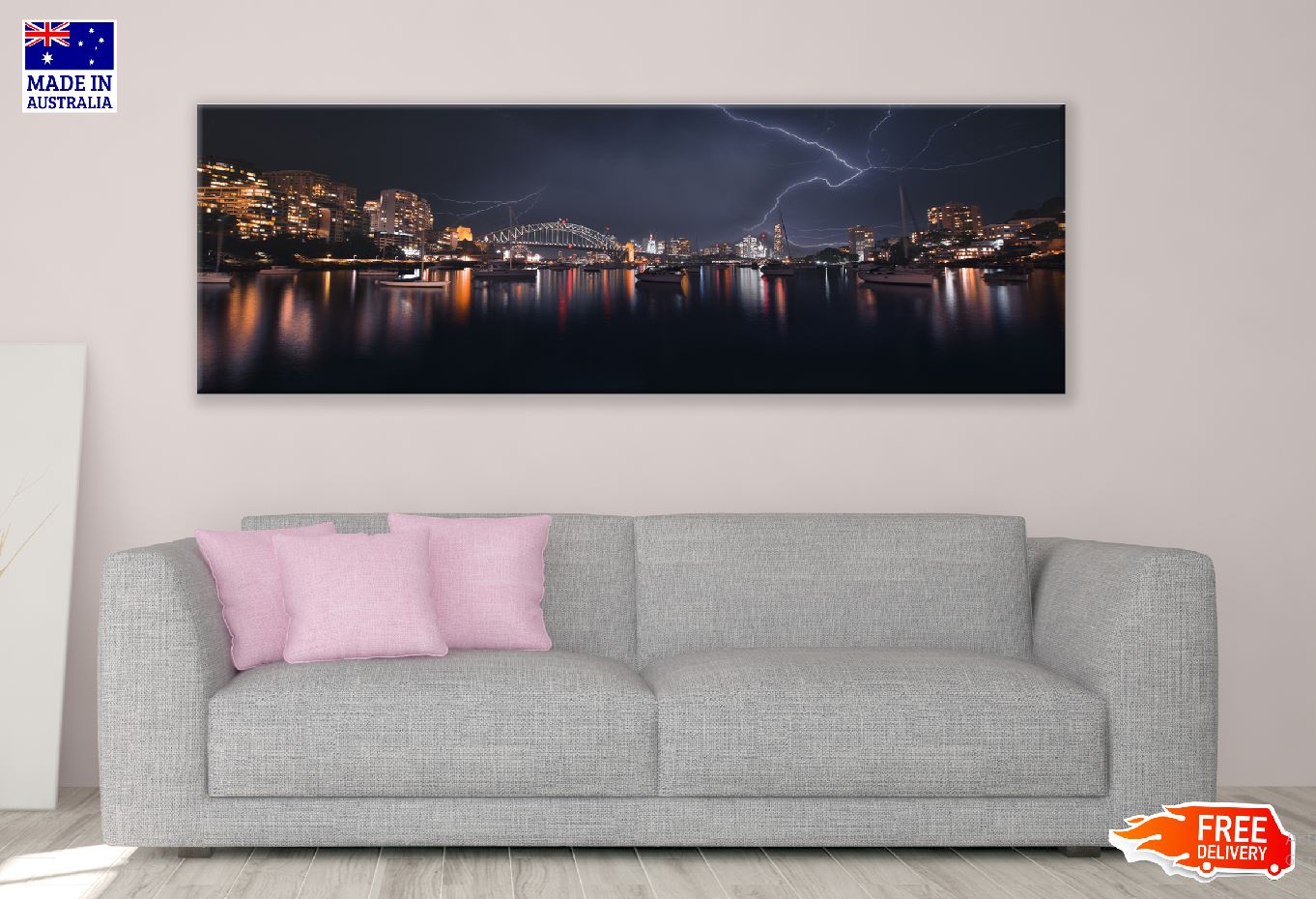 Panoramic Canvas Sydney Thunderstorm Night View Photograph High Quality 100% Australian Made Wall Canvas Print Ready to Hang