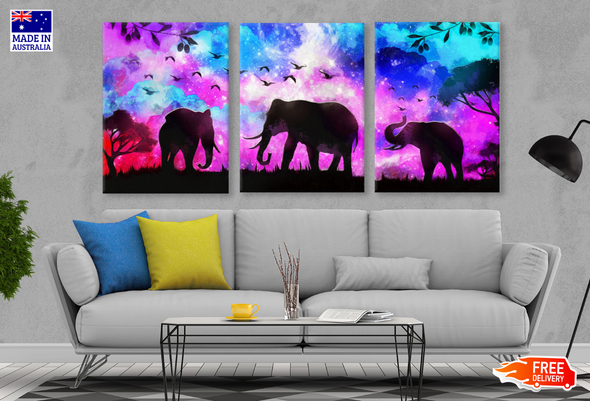 3 Set of Abstract Colourful Background with Elephants High Quality print 100% Australian made wall Canvas ready to hang