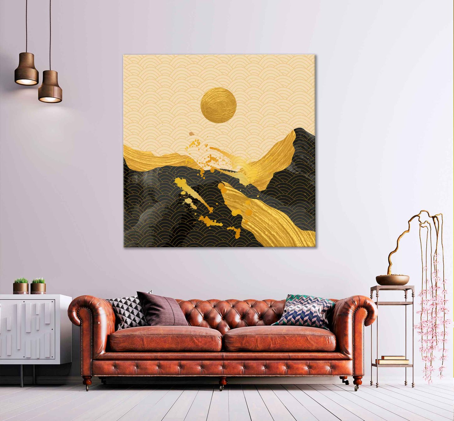 Square Canvas Golden Mountain & Moon Vector Art High Quality Print 100% Australian Made