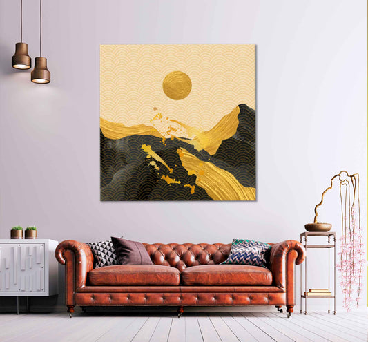 Square Canvas Golden Mountain & Moon Vector Art High Quality Print 100% Australian Made