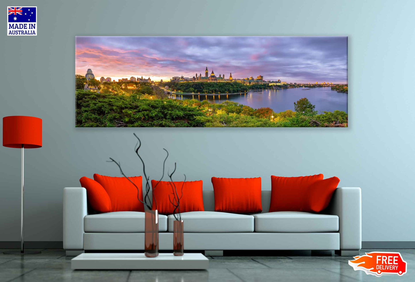 Panoramic Canvas Parliament Hill With Lights in The Evening High Quality 100% Australian Made Wall Canvas Print Ready to Hang