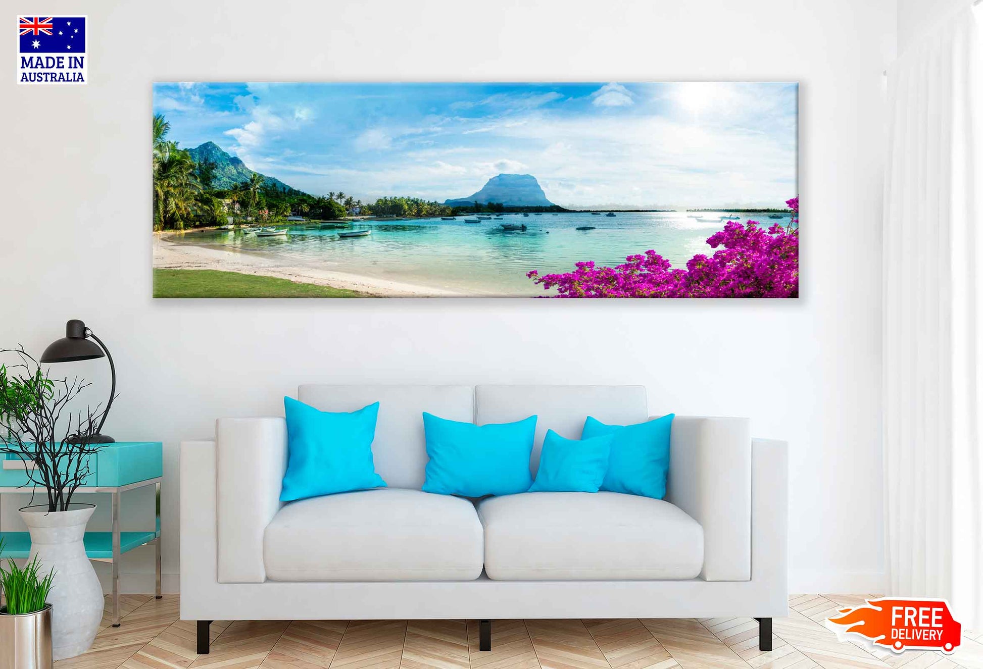 Panoramic Canvas Boats on Sea & Blue Sky View Photograph High Quality 100% Australian Made Wall Canvas Print Ready to Hang