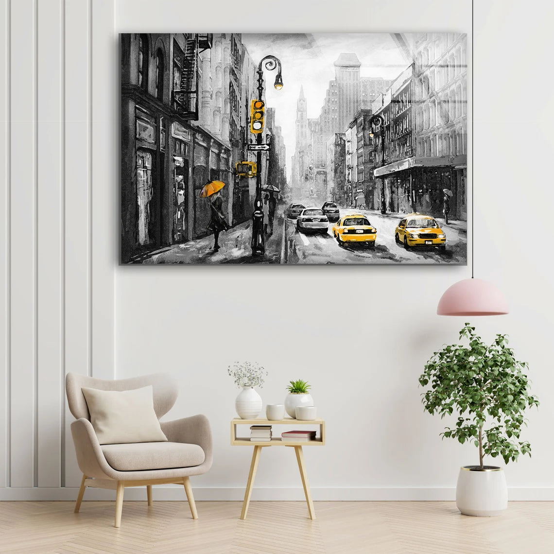 B&W City & Yellow Taxi Painting Acrylic Glass Print Tempered Glass Wall Art 100% Made in Australia Ready to Hang