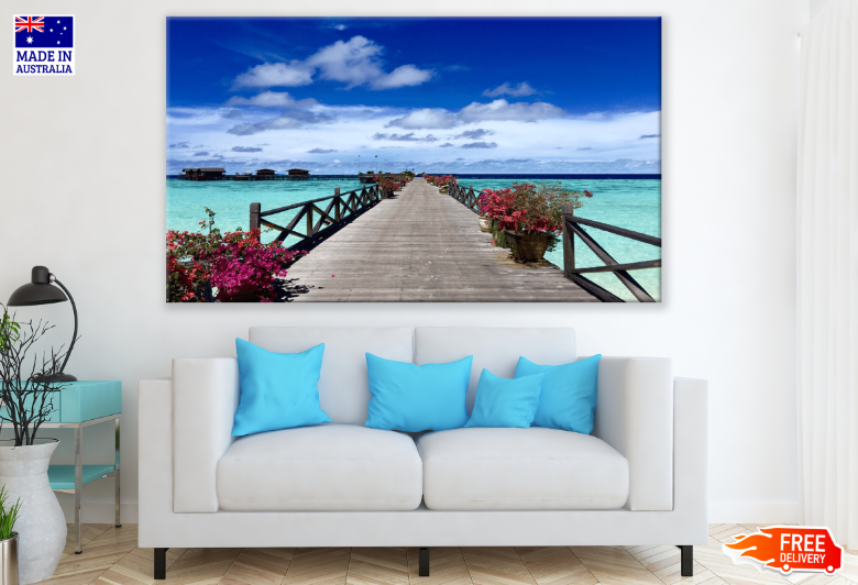 Wooden Pier On Sea & Sky View Print 100% Australian Made