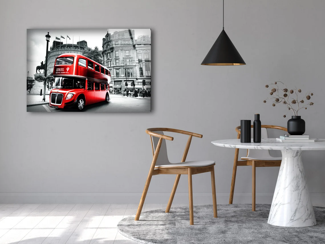 Red Bus in B&W City Photograph Acrylic Glass Print Tempered Glass Wall Art 100% Made in Australia Ready to Hang