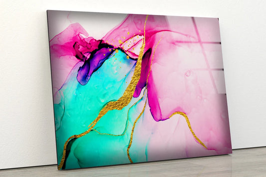 Blue Pink & Gold Abstract Design Acrylic Glass Print Tempered Glass Wall Art 100% Made in Australia Ready to Hang