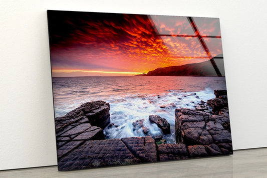 Sea with Rocks Sunset Scenery Photograph Acrylic Glass Print Tempered Glass Wall Art 100% Made in Australia Ready to Hang