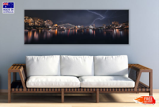 Panoramic Canvas Sydney Thunderstorm Night View Photograph High Quality 100% Australian Made Wall Canvas Print Ready to Hang