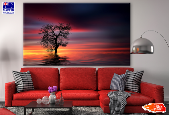 Lonely Tree with Reflection on Water Sunset Red Sky Photograph Print 100% Australian Made