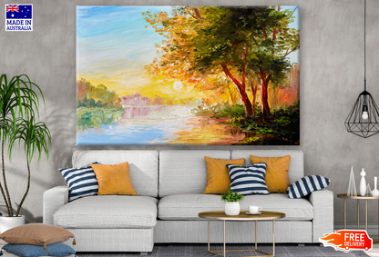 Oil Painting Landscape River in the Spring Forest with Sunset Print 100% Australian Made