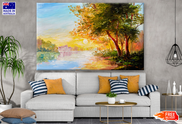Oil Painting Landscape River in the Spring Forest with Sunset Print 100% Australian Made