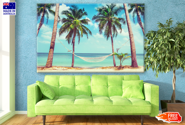 Hammock Between Two Palm Trees on the Beach Photograph Print 100% Australian Made