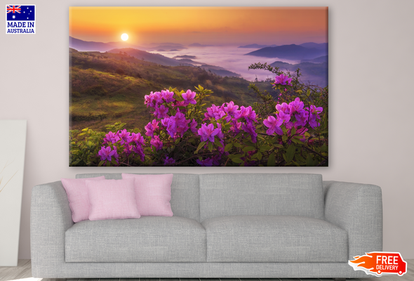 Mountain Landscape with Flowers on Sunrise Photograph Print 100% Australian Made