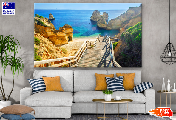 Wooden footbridge to beautiful beach in Portugal Photograph Print 100% Australian Made