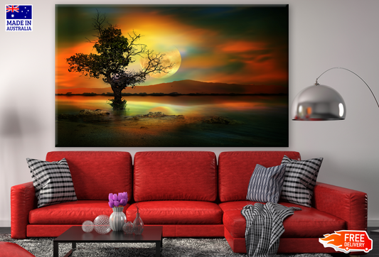 Alone Tree Under Red Moon Light Photograph Print 100% Australian Made