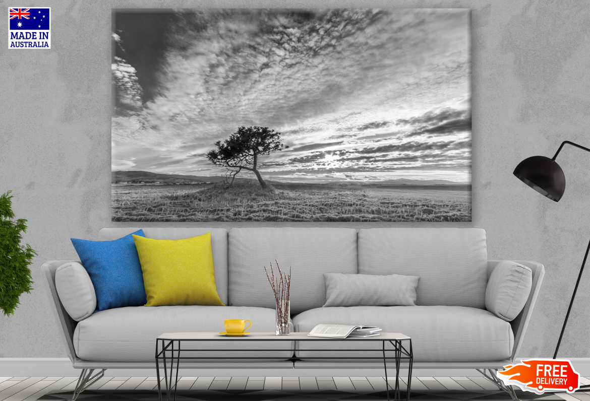 Alone Tree Under Cloudy Sky B&W Photograph Print 100% Australian Made