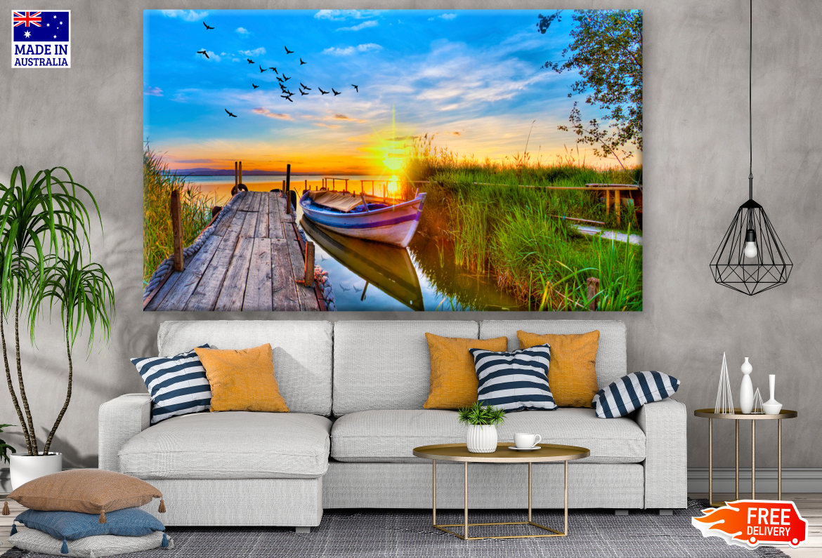 Colorful Sunset Over the Lake & Boat Photograph Print 100% Australian Made