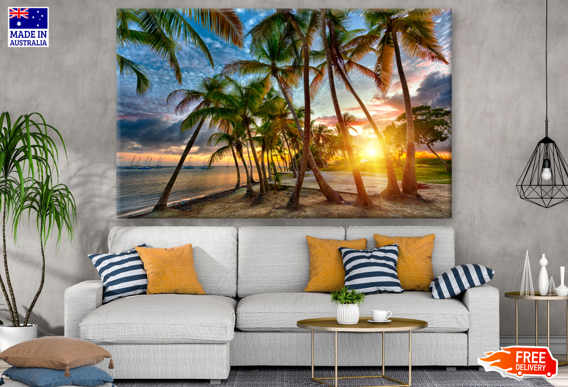 Sunset Over Beach & Palm Trees Photograph Print 100% Australian Made