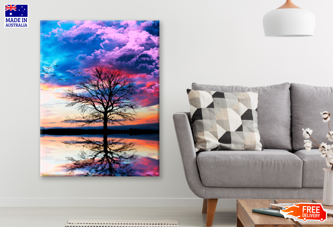 Tree in a Lake under Colourful Cloudy Sky Photograph Print 100% Australian Made