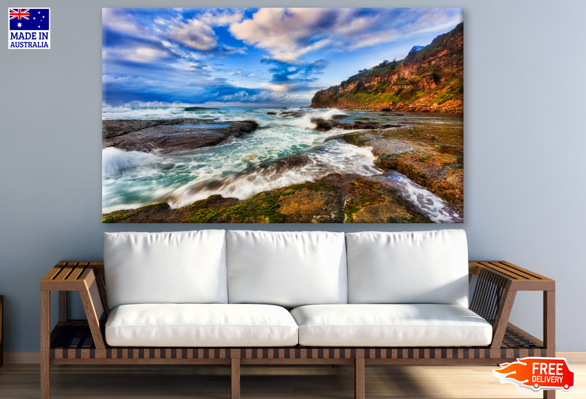 Cloudy Sky & Rocks with Strong Rolling Waves on Beach Photograph Print 100% Australian Made