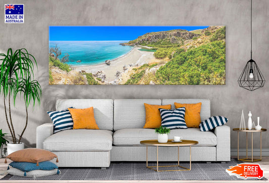 Panoramic Canvas Greek Island With Ocean View High Quality 100% Australian Made Wall Canvas Print Ready to Hang