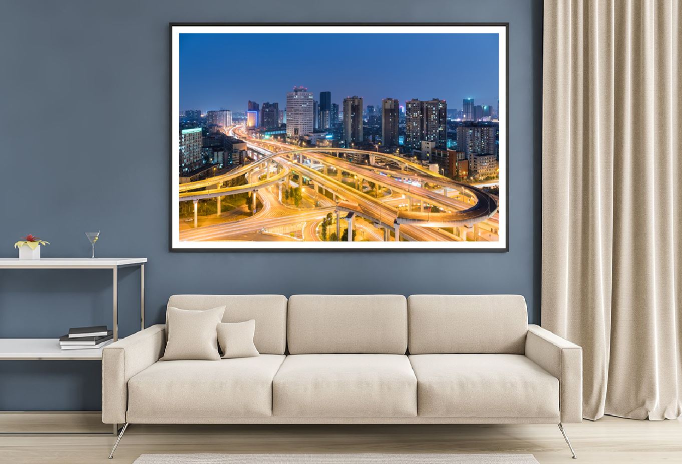 Modern City Skyline Traffic Night Photograph Home Decor Premium Quality Poster Print Choose Your Sizes