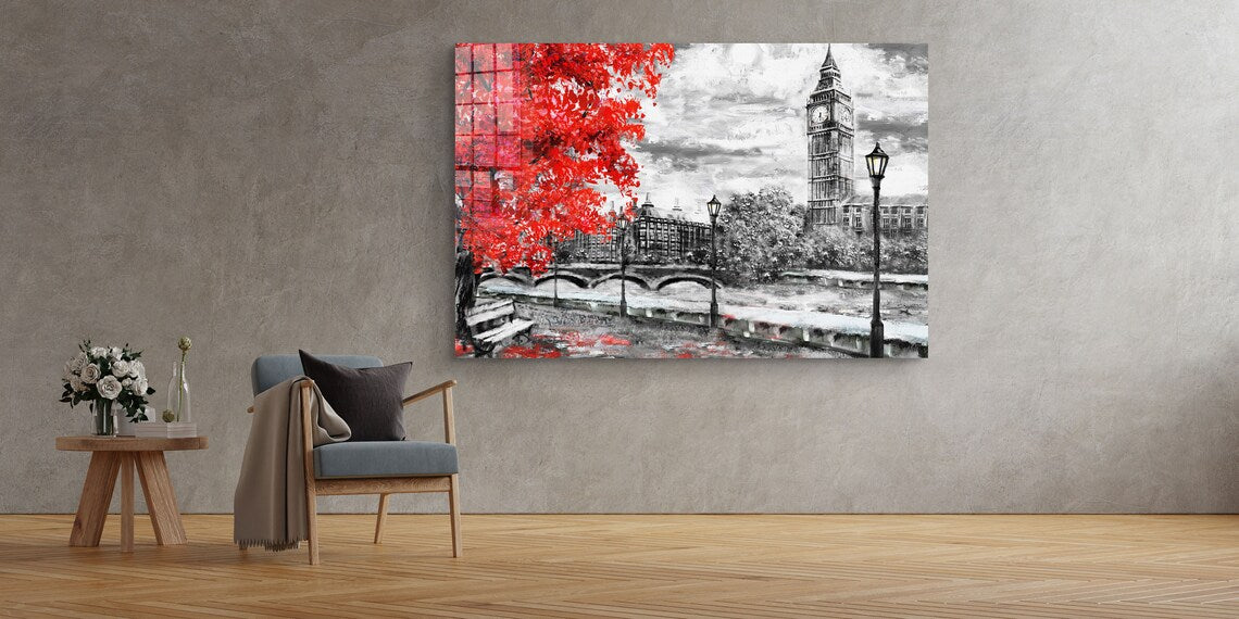 Red Tree Big Ben Tower Print Tempered Glass Wall Art 100% Made in Australia Ready to Hang