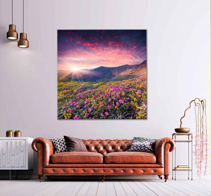 Square Canvas Pink Rhododendron Flowers With Sunrise High Quality Print 100% Australian Made