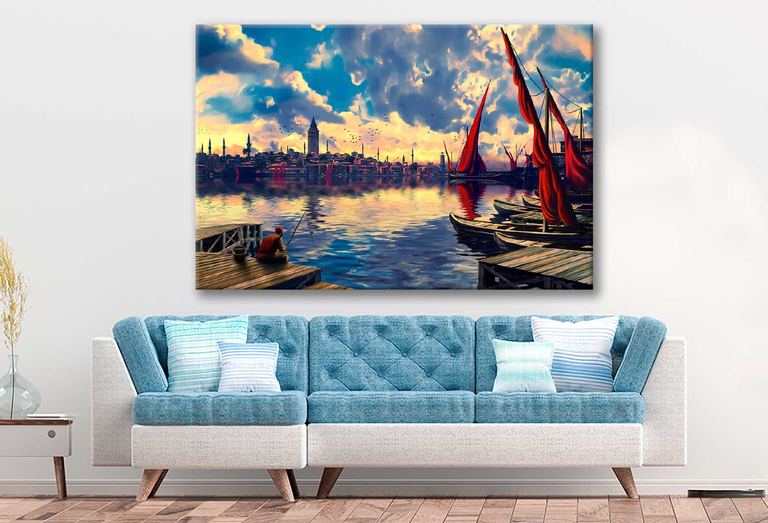 Bella Home City with Fish Boats Watercolor Print Canvas Ready to hang