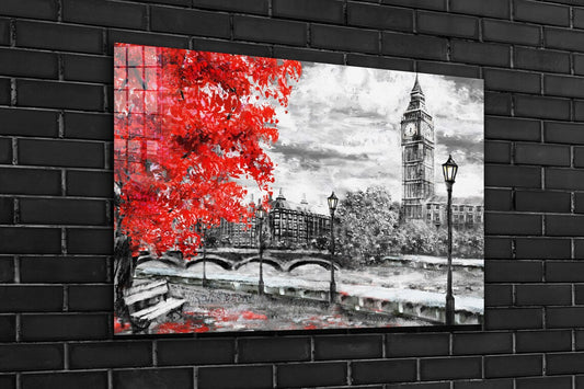 Red Tree Big Ben Tower Print Tempered Glass Wall Art 100% Made in Australia Ready to Hang