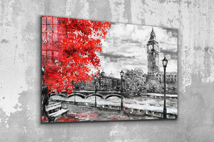 Red Tree Big Ben Tower Print Tempered Glass Wall Art 100% Made in Australia Ready to Hang