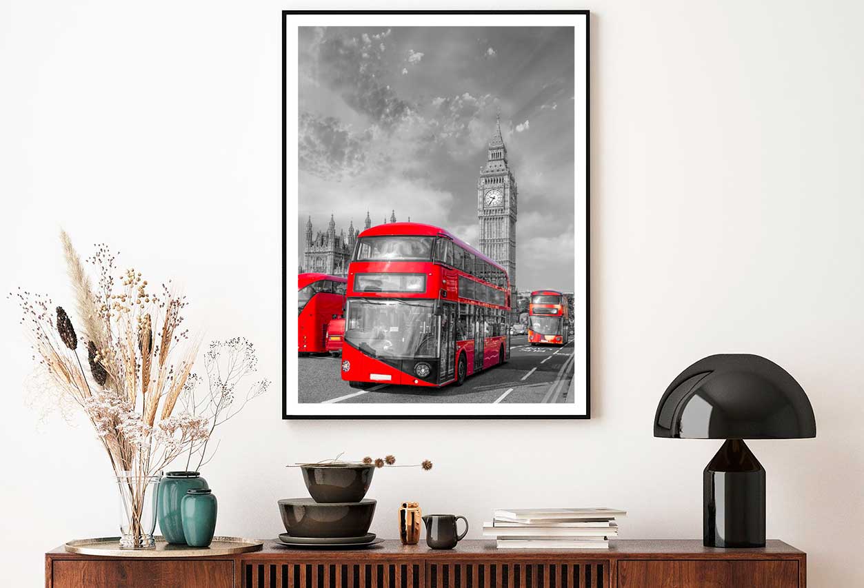 Red Buses near Bigben Tower B&W Photograph Home Decor Premium Quality Poster Print Choose Your Sizes