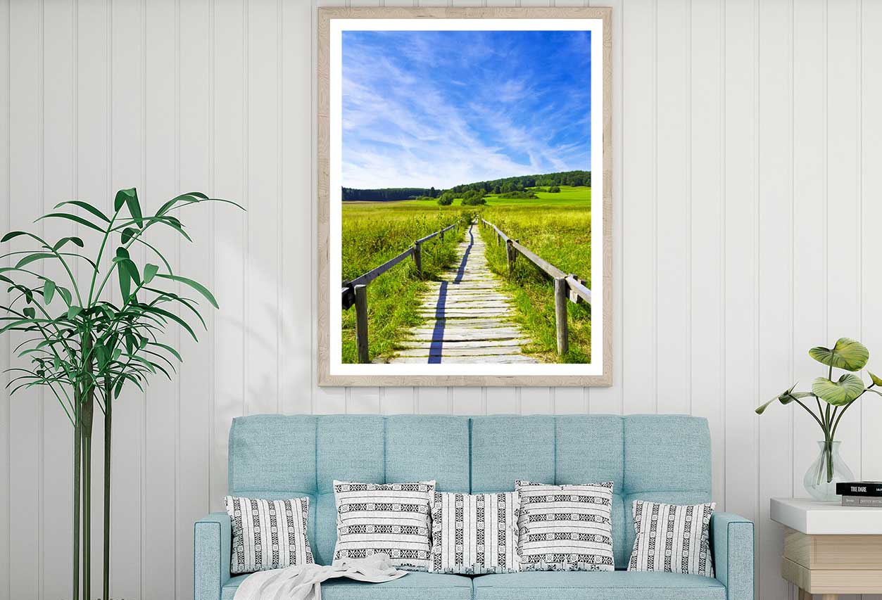 Wooden Path in Grass Field View Photograph Home Decor Premium Quality Poster Print Choose Your Sizes