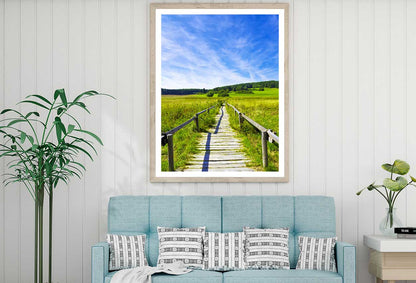 Wooden Path in Grass Field View Photograph Home Decor Premium Quality Poster Print Choose Your Sizes