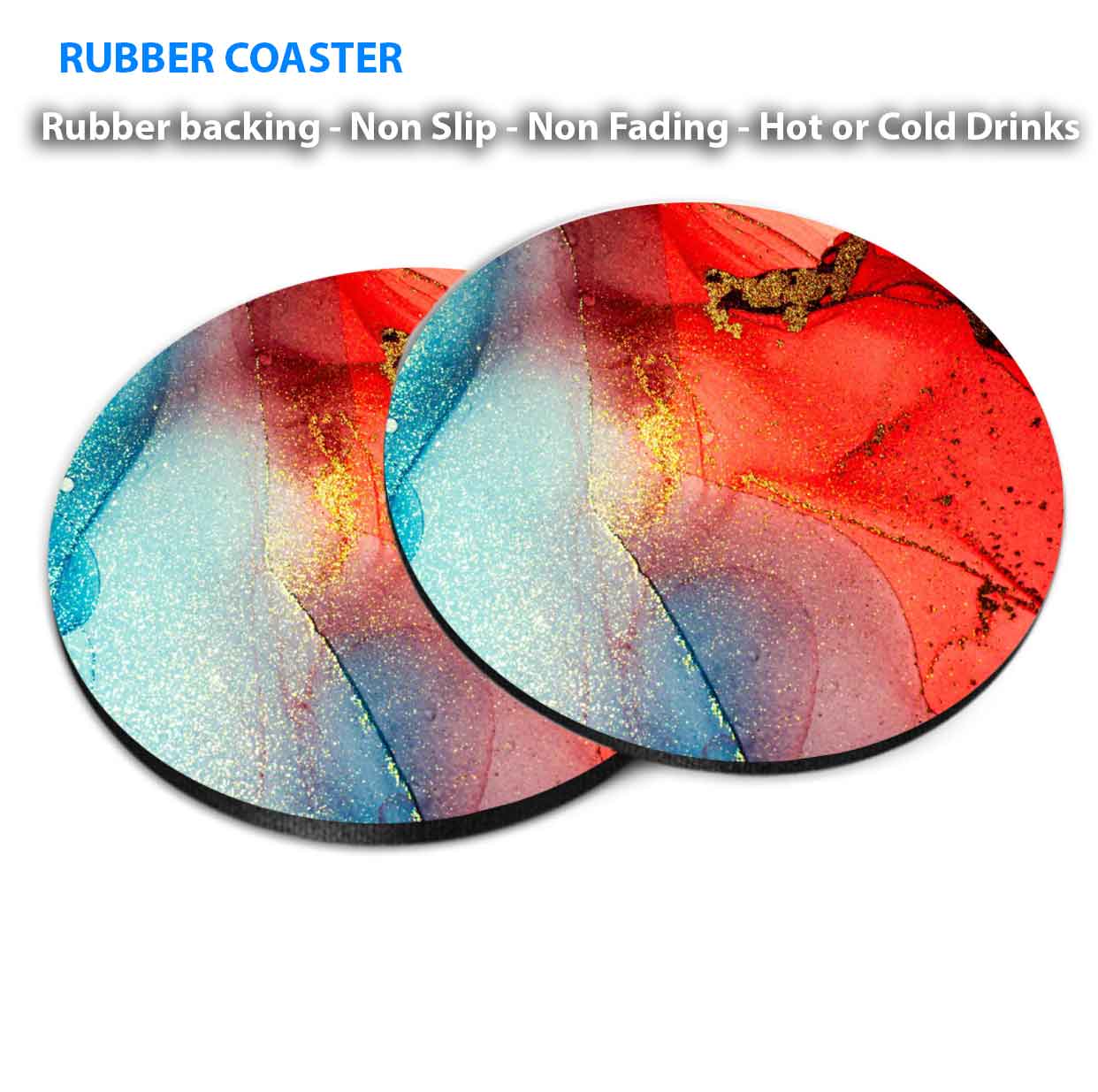 Blue Gold Splash Red Abstract Design Coasters Wood & Rubber - Set of 6 Coasters