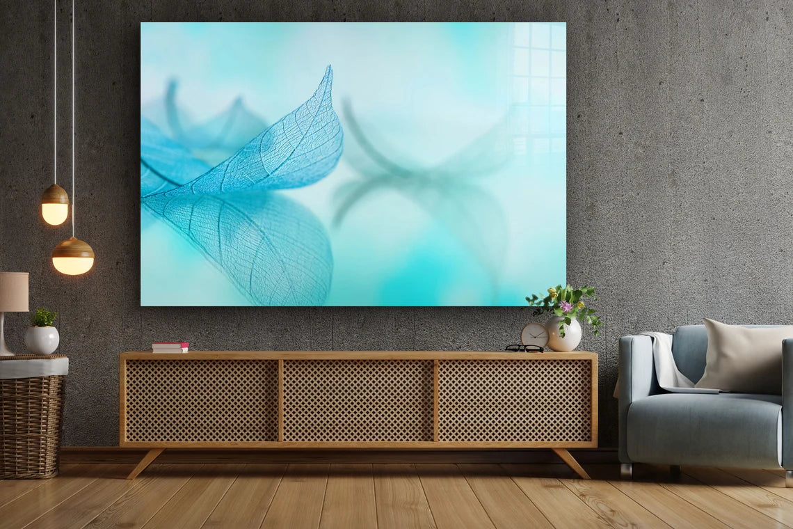 Blue Leaf Xray Digital Print Tempered Glass Wall Art 100% Made in Australia Ready to Hang