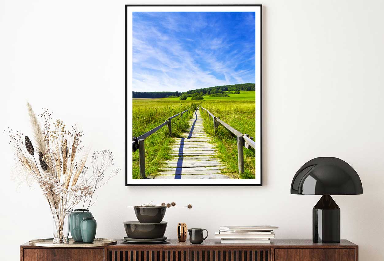 Wooden Path in Grass Field View Photograph Home Decor Premium Quality Poster Print Choose Your Sizes